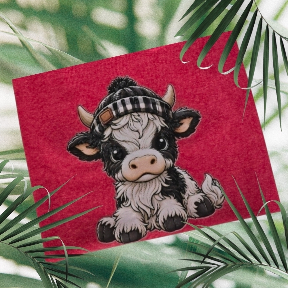 NEW! Cute Baby Highland Cow Wearing A Gingham Toboggan Casual Crew Neck T-Shirt - Picture 2 of 8